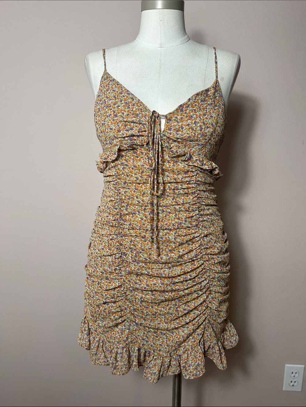 MARBLE Mustard Floral Tie-Front Ruched front Mini Dress size small